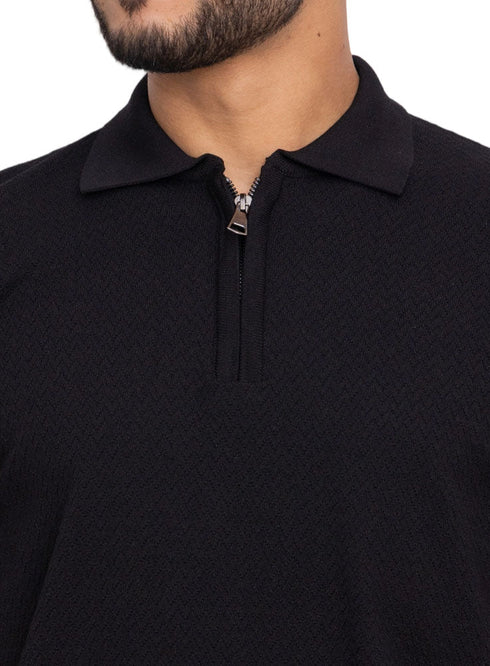 Black Design 01056Knit Polo Neck Zipper - T-Shirt - Khotwh